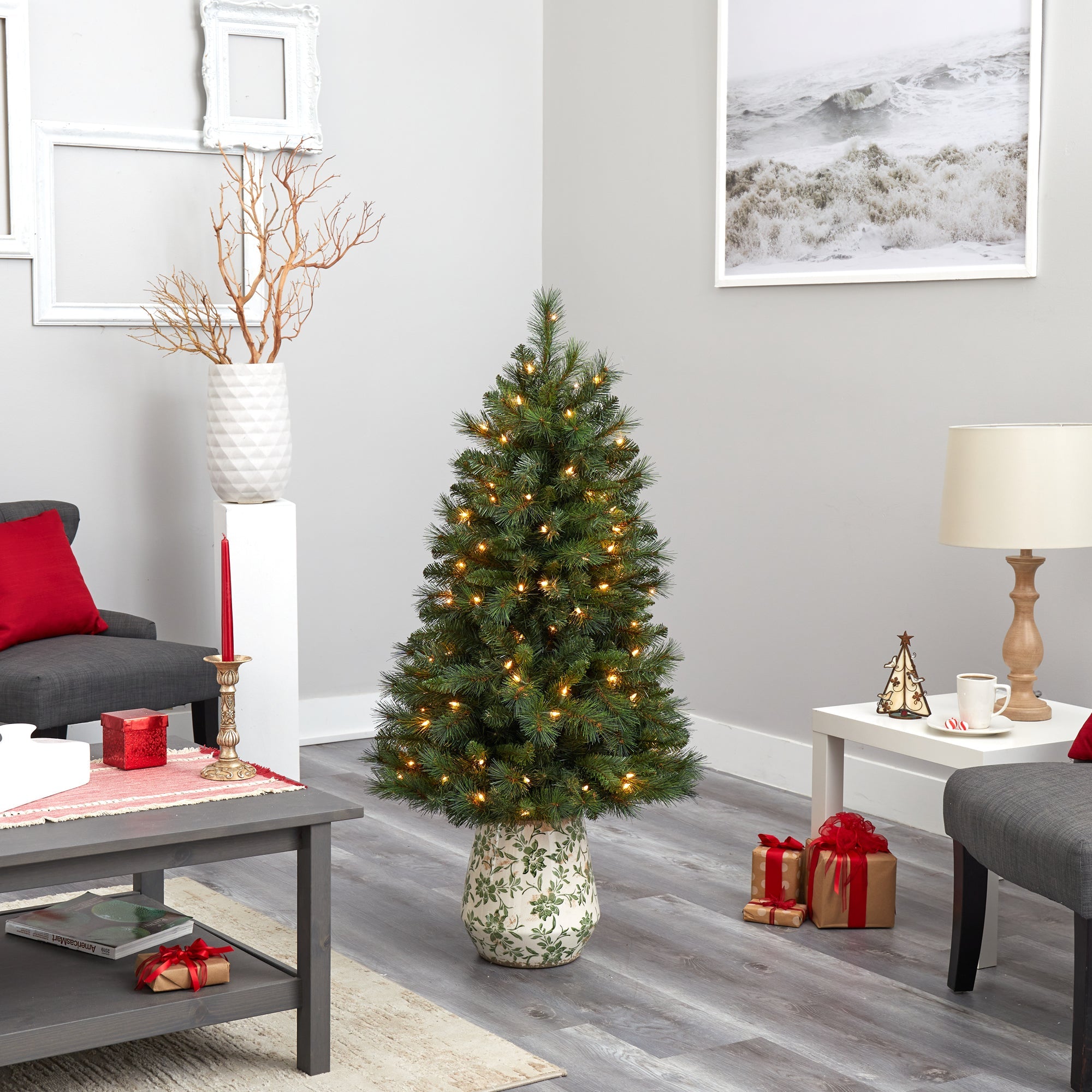 4.5' West Virginia Mountain Pine Artificial Christmas Tree w/ 100 Clear Lights