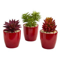 8"  Mixed Succulent Artificial Plant in Red Vase (Set of 3)