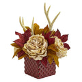 Peony and Antlers Artificial Arrangement in Red Vase