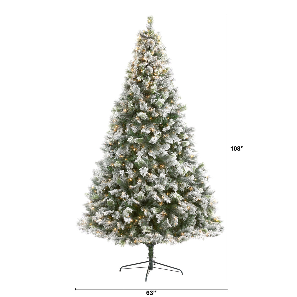 9' Flocked Oregon Pine Artificial Christmas Tree with 600 Clear Lights