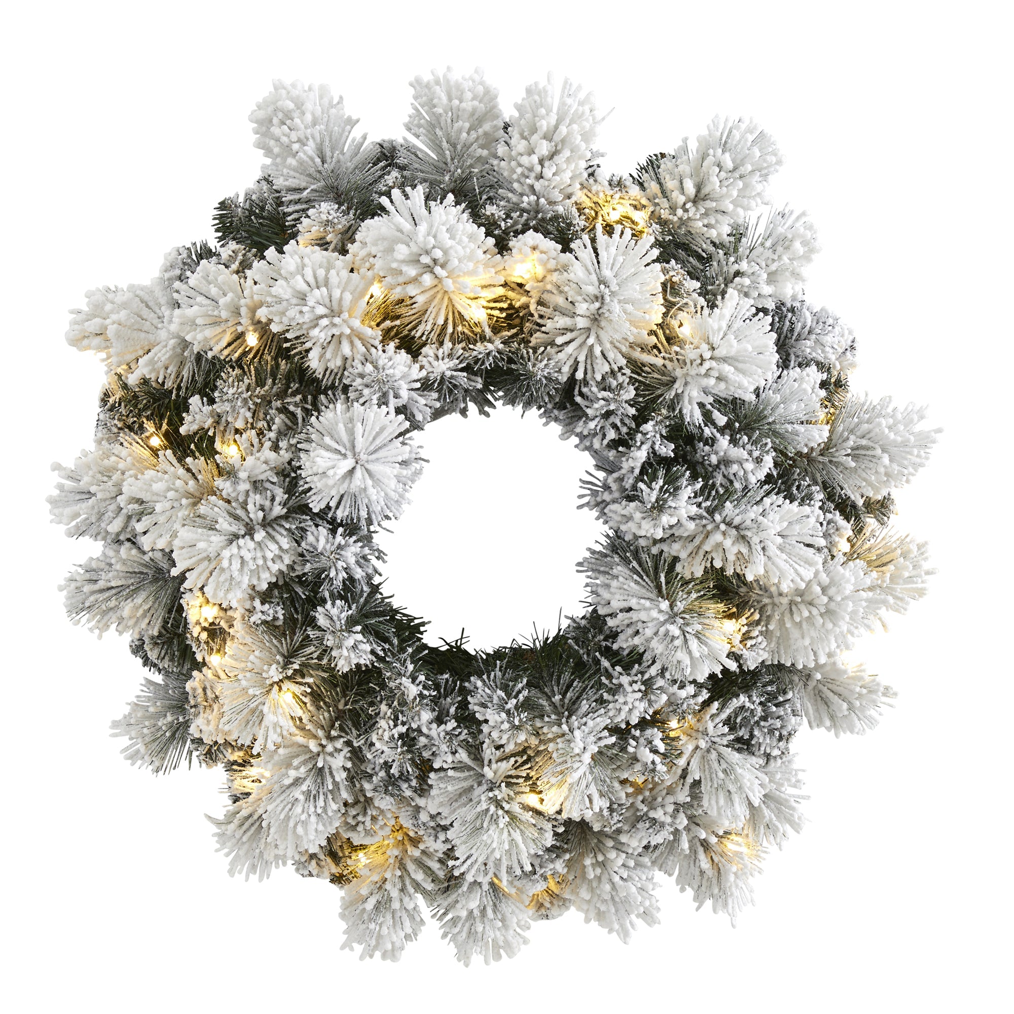 24" Flocked Artificial Christmas Wreath w/30 Warm White LED Lights