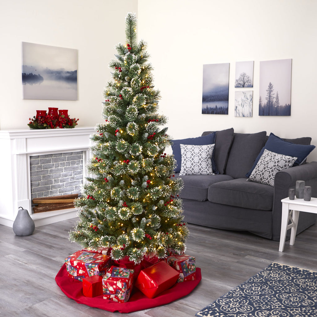 6' Frosted Swiss Pine Artificial Christmas Tree w/ 300 Clear LED Lights & Berrie