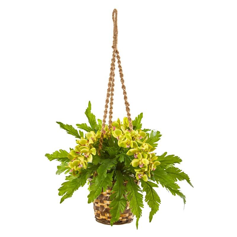 29"  Phalaenopsis Orchid and Fern Artificial Plant in Hanging Basket