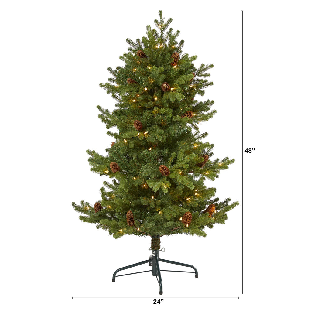 4' Yukon Mountain Fir Artificial Christmas Tree w/ 100 Clear Lights, Pine Cones