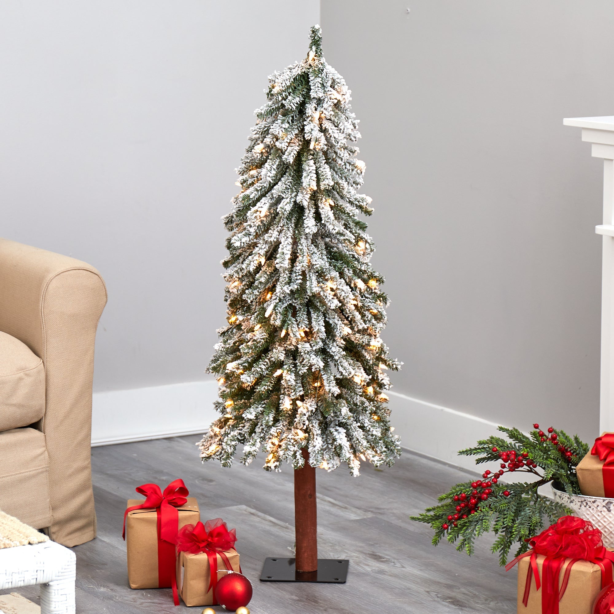 4' Flocked Gr& Alpine Artificial Christmas Tree w/ 100 Clear Lights