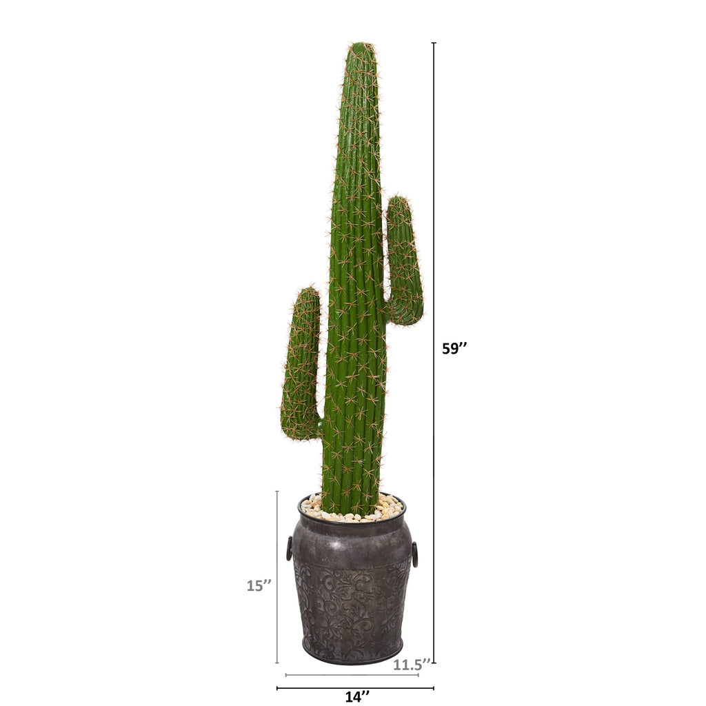 59" Cactus Artificial Plant in Metal Planter