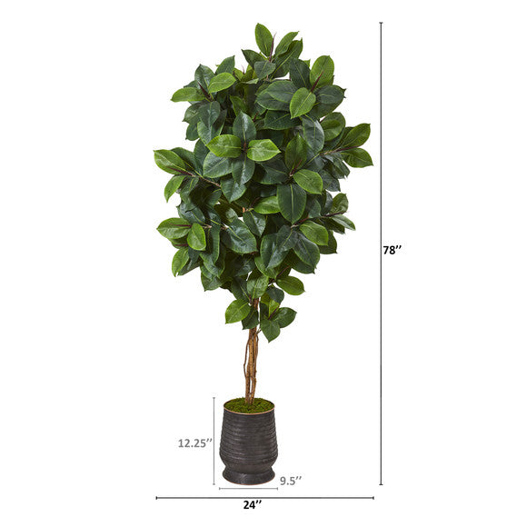 78" Rubber Leaf Artificial Tree in Ribbed Metal Planter