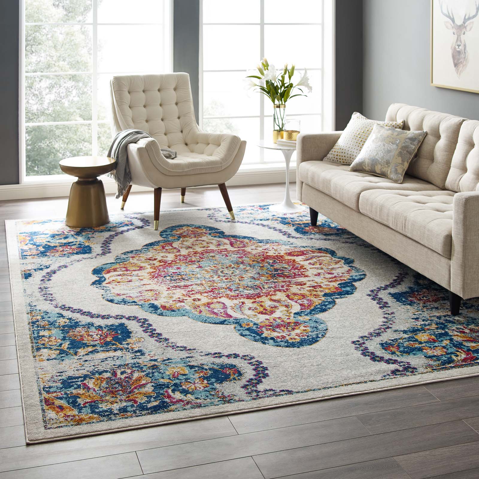Entourage Malia Distressed Vintage Floral Vintage Medallion 8x10 Area Rug by Modway