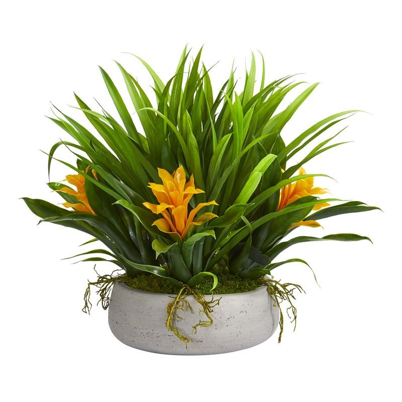 16" Bromeliad & Grass Artificial Plant in Ceramic Vase