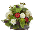 17"  Rose, Hydrangea and Faux Fruits Artificial Arrangement in Metal Tray