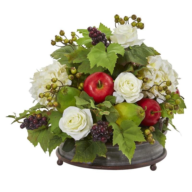 17"  Rose, Hydrangea and Faux Fruits Artificial Arrangement in Metal Tray