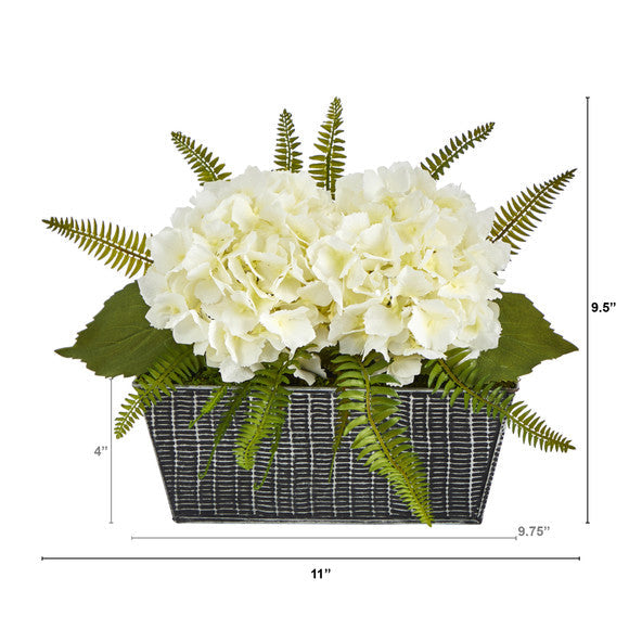11" Hydrangea and Fern Artificial Plant in Embossed Tin Planter
