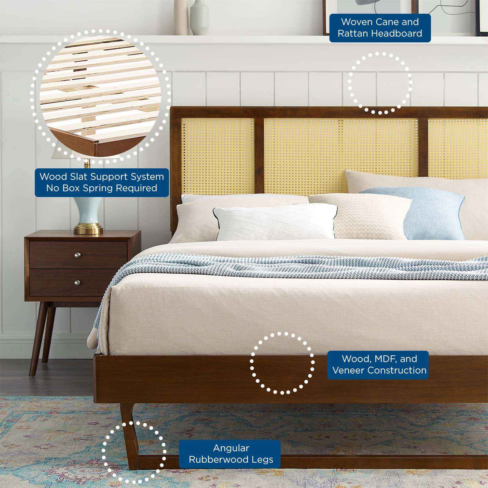 Kelsea Cane and Wood Queen Platform Bed With Angular Legs by Modway