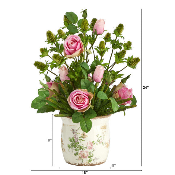 24" Rose, Thistle and Succulent Artificial Arrangement in Floral Vase