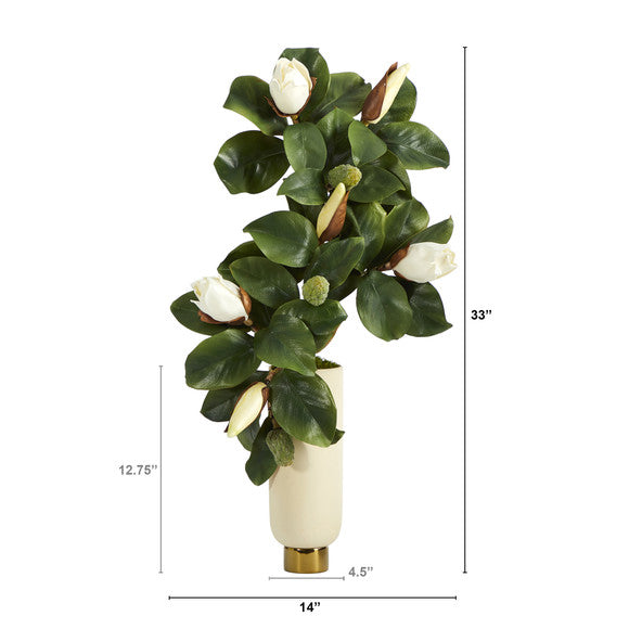 33" Magnolia Artificial Plant in Cream Planter with Gold Base