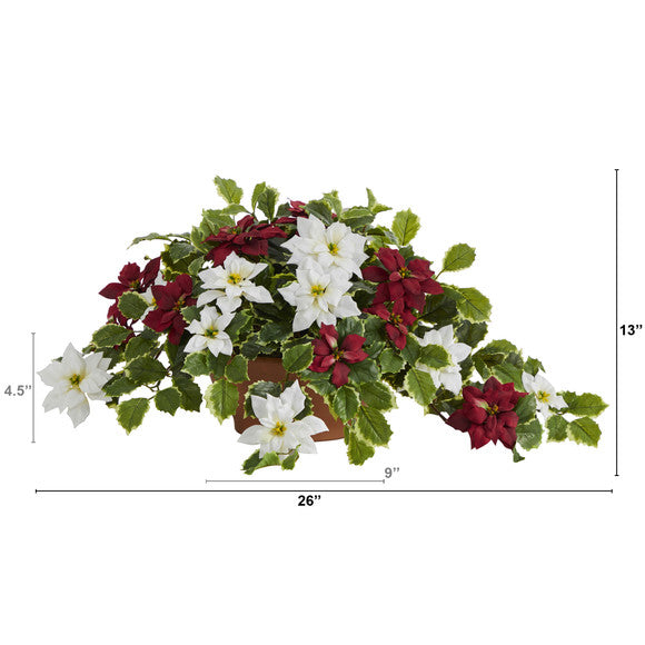26" Poinsettia and Variegated Holly Artificial Plant in Terra-Cotta Planter
