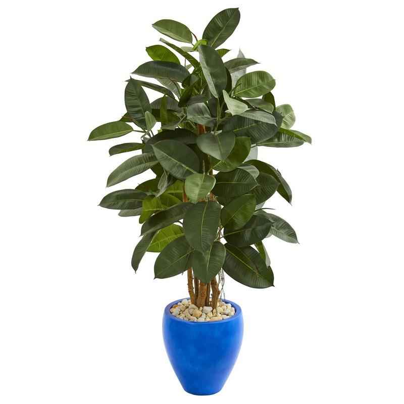 53" Artificial Rubber Tree In Blue Planter 9250 By Nearly Natural