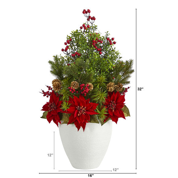 32" Poinsettia, Boxwood and Succulent Artificial Arrangement in White Vase