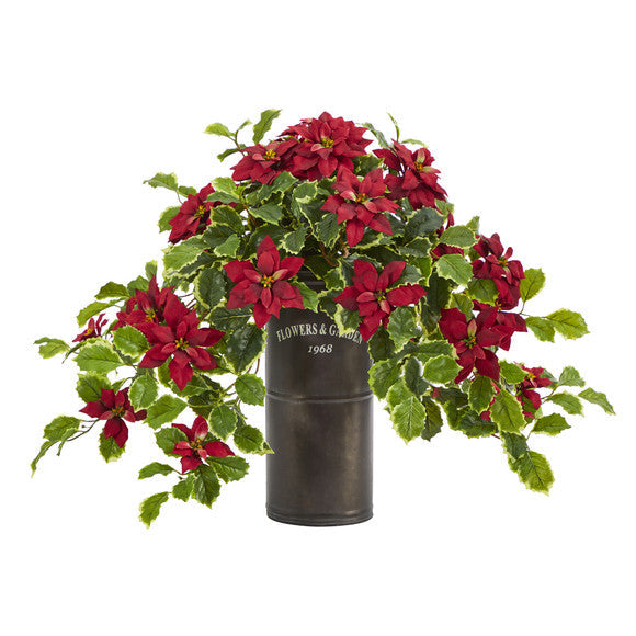 21" Poinsettia and Variegated Holly Artificial Plant in Decorative Planter