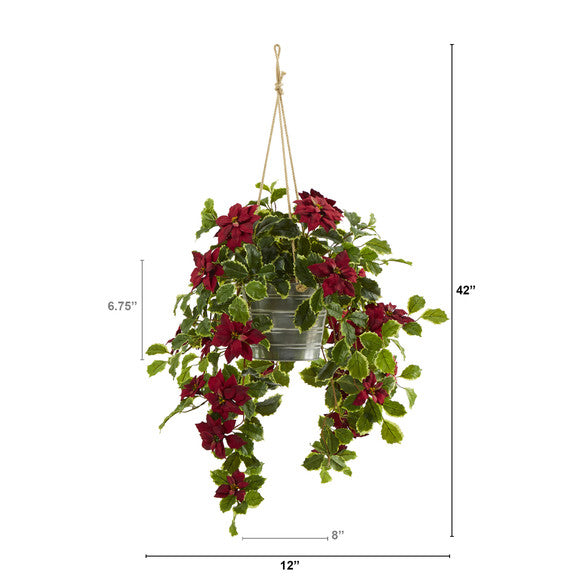 3.5' Poinsettia and Variegated Holly Artificial Plant in Hanging Metal Bucket