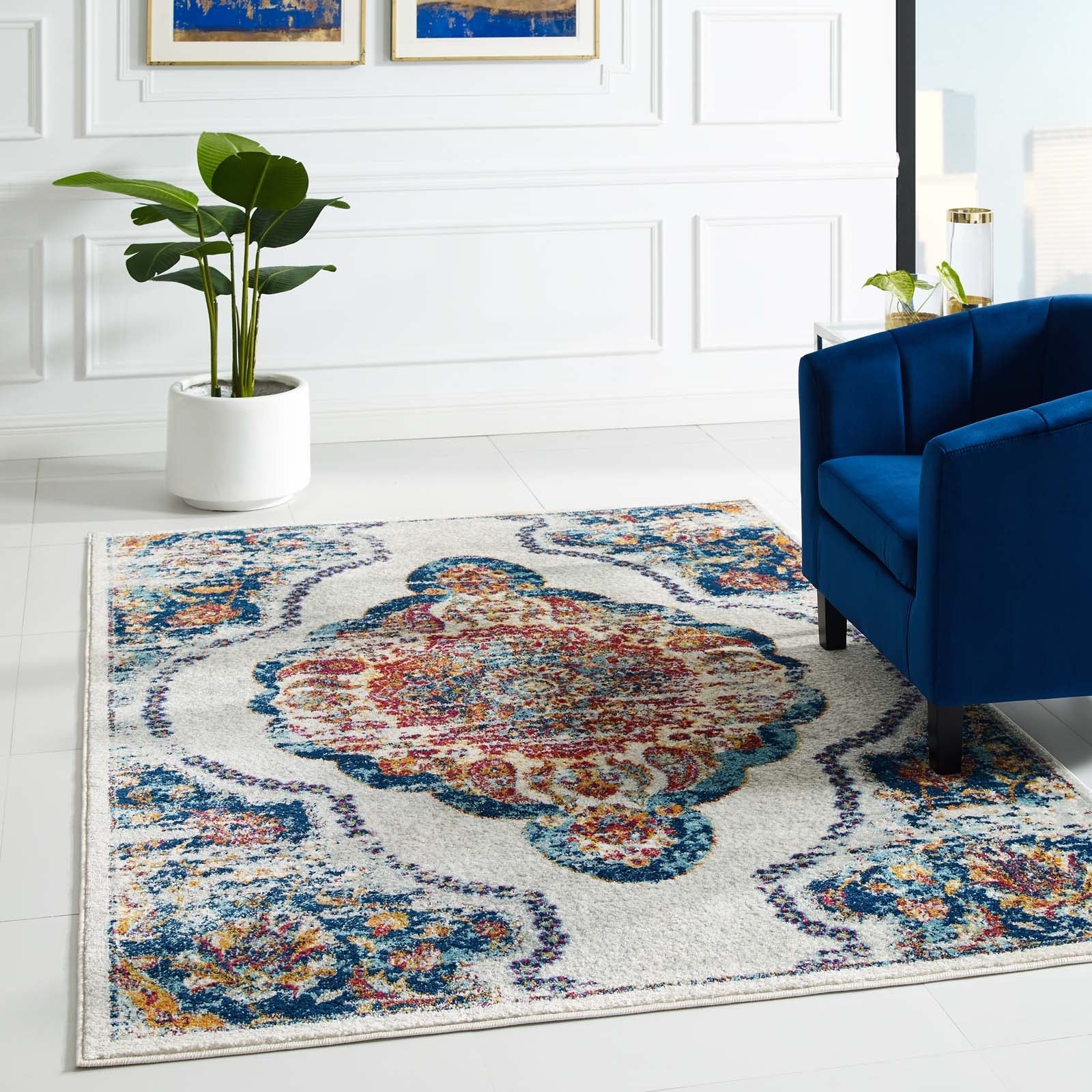 Entourage Malia Distressed Vintage Floral Vintage Medallion 5x8 Area Rug by Modway