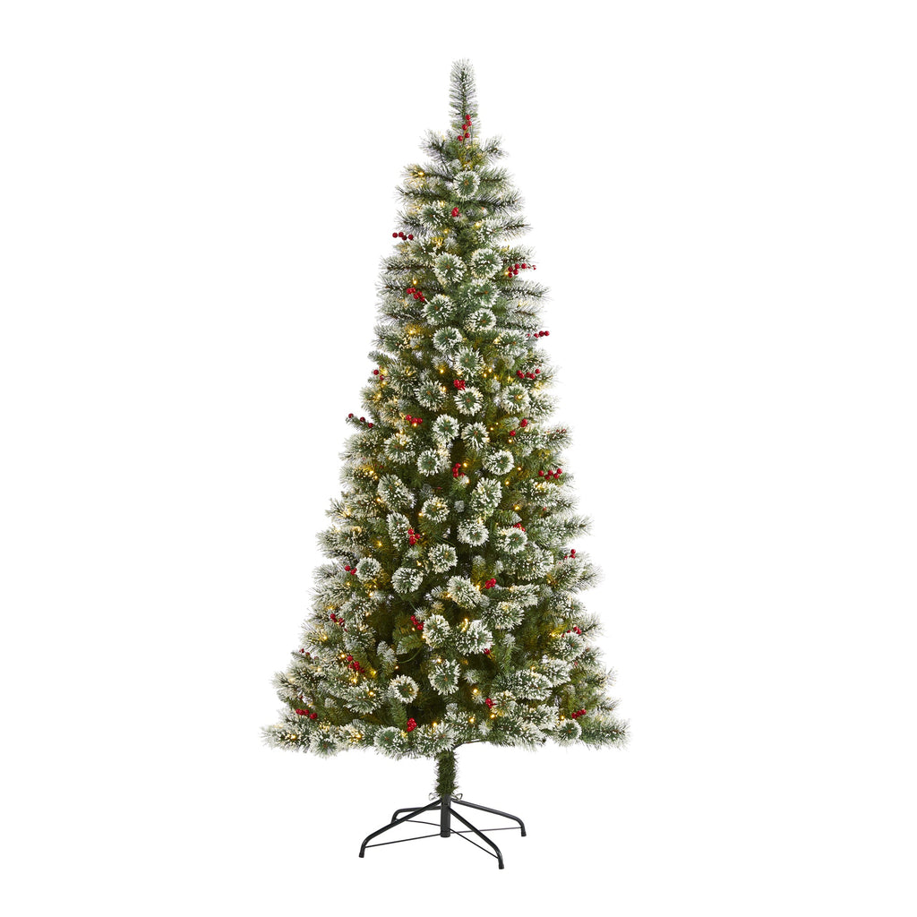 7' Frosted Swiss Pine Artificial Christmas Tree w/ 400 Clear LED Lights & Berrie