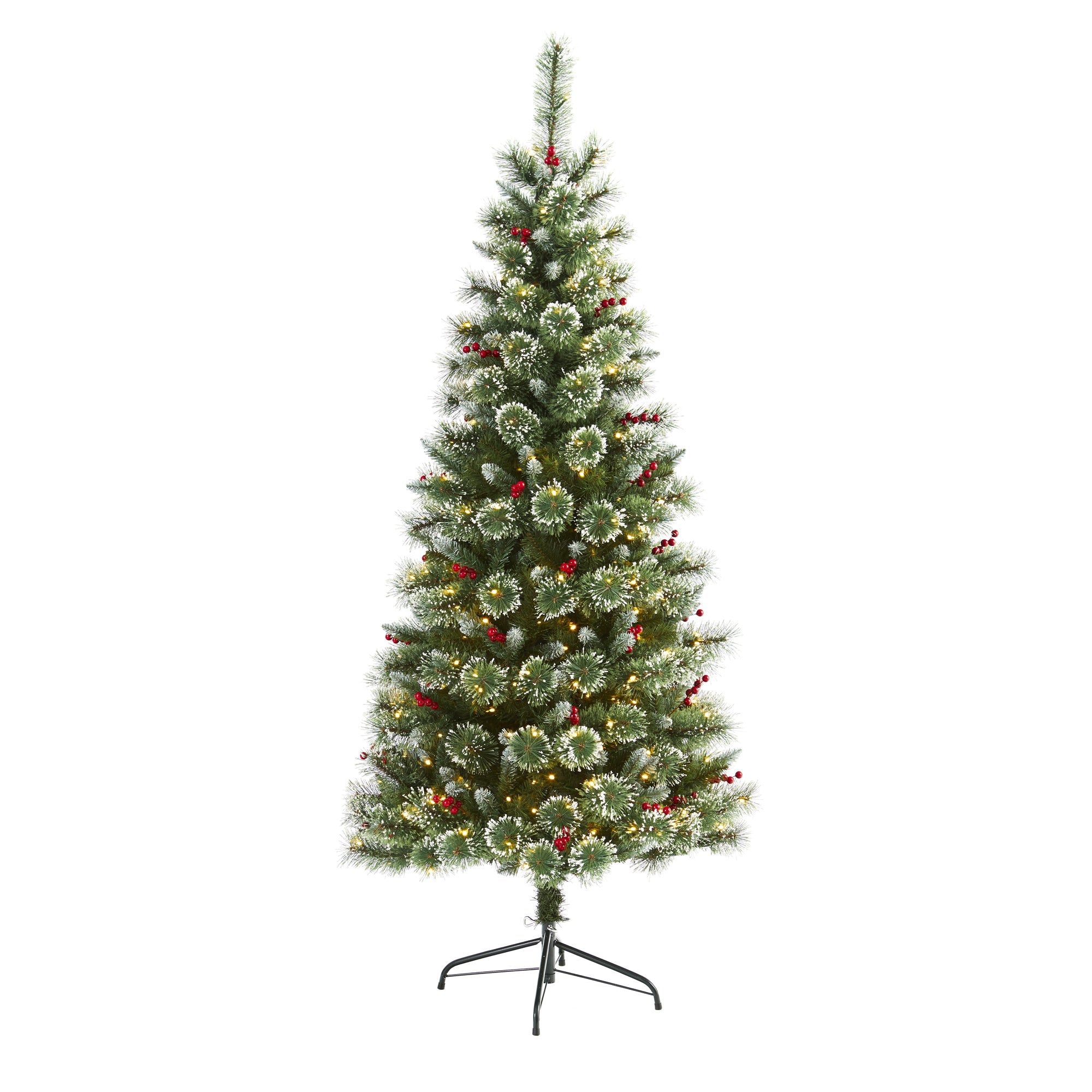 6' Frosted Swiss Pine Artificial Christmas Tree w/ 300 Clear LED Lights & Berrie