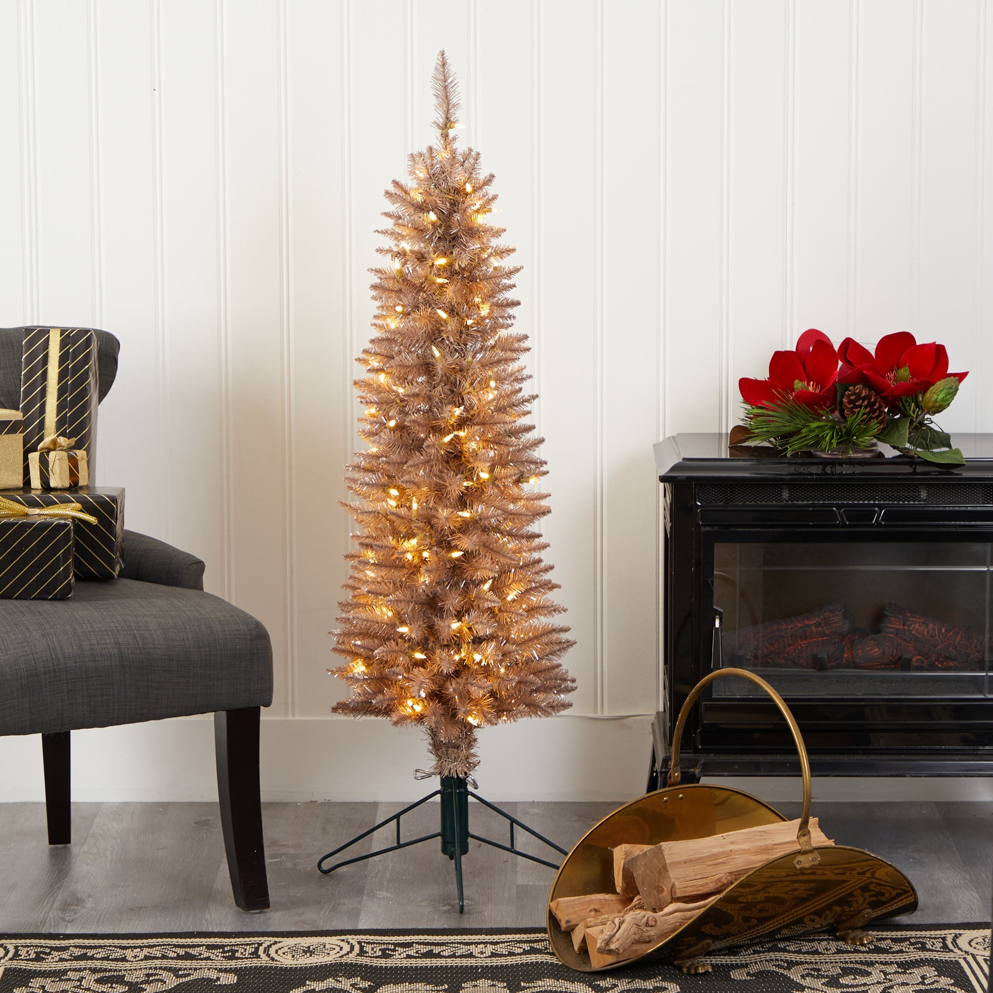 4' Champagne Pencil Artificial Christmas Tree w/ 150 (multifunction) Clear LED