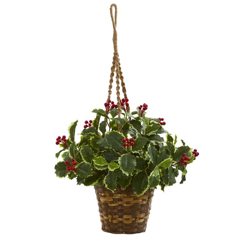 26"  Variegated Holly Artificial Plant in Hanging Basket (Real Touch)