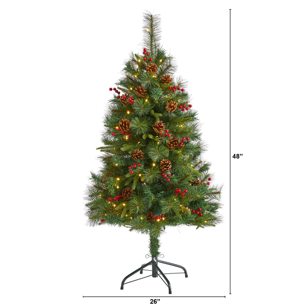 4' Mixed Pine Artificial Christmas Tree w/ 100 Clear LED Lights, Pine Cones