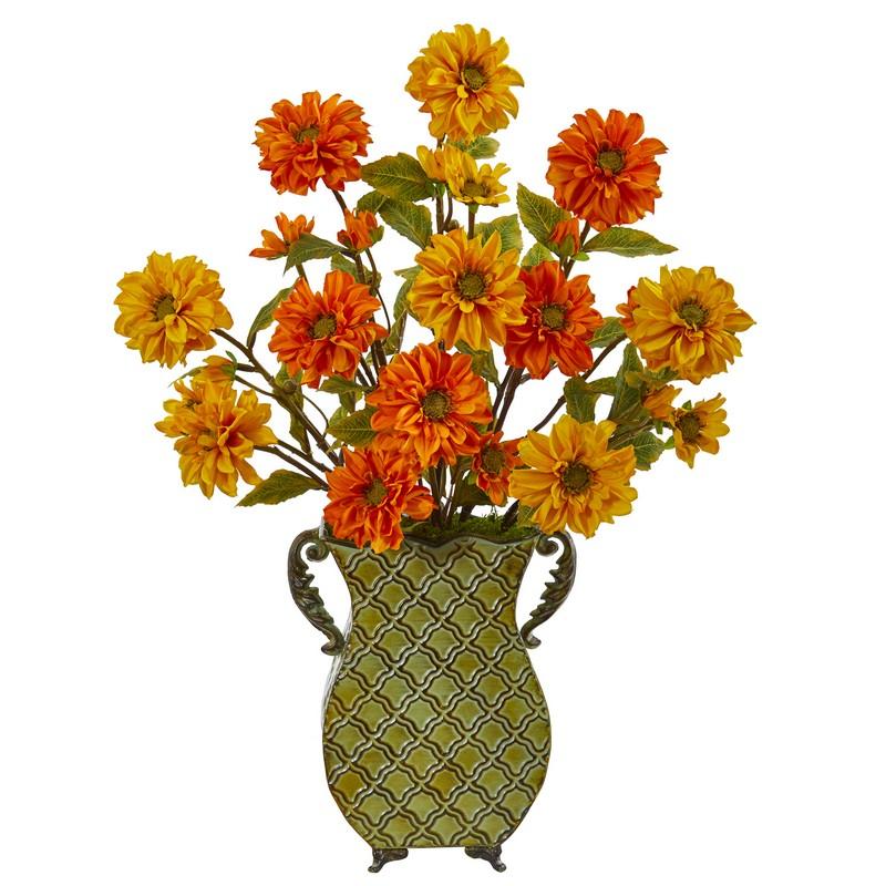 27"  Zinnia Artificial Arrangement in Venetian Verdigris Planter