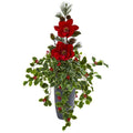 3.5"  Magnolia, Pine and Variegated Holly Leaf Artificial Arrangement