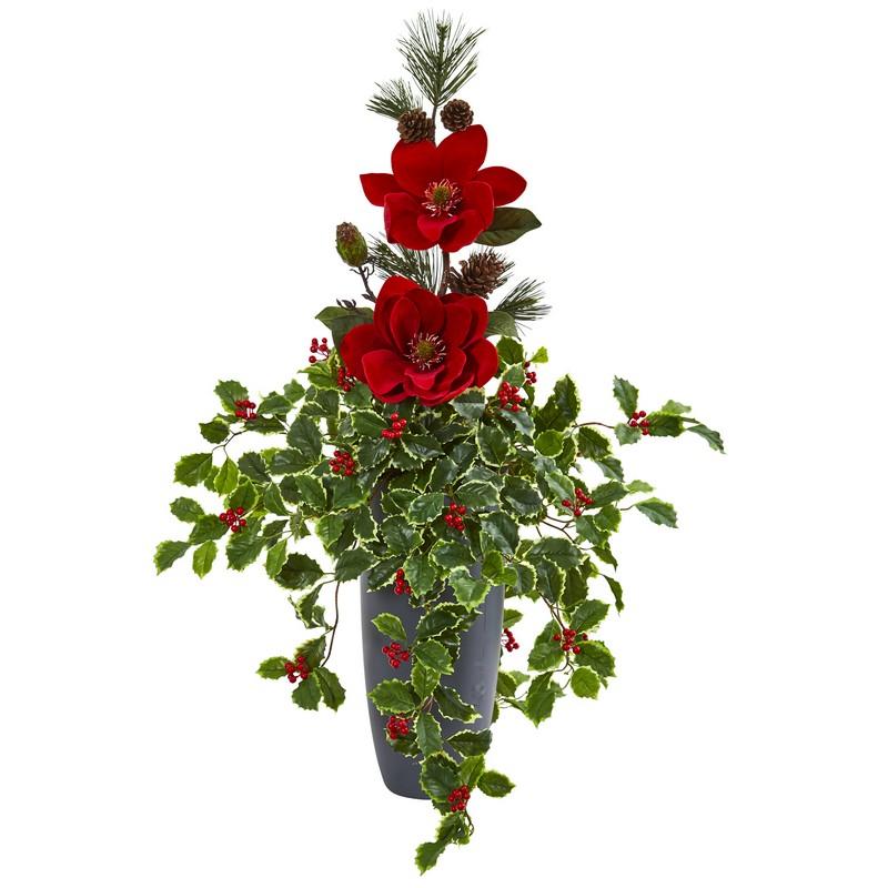 3.5"  Magnolia, Pine and Variegated Holly Leaf Artificial Arrangement