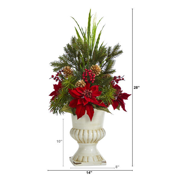 28" Poinsettia, Grass and Succulent Artificial Arrangement in White Urn