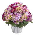 Hydrangea Artificial Arrangement in White Vase Silver Trimming