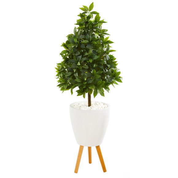 44" Sweet Bay Cone Topiary Artificial Tree in White Planter with Stand