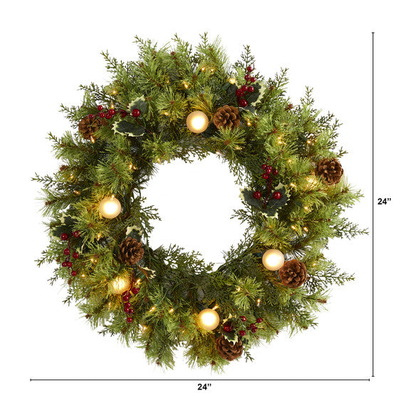 24" Christmas Artificial Wreath with 50 White Warm Lights, 7 Globe Bulbs