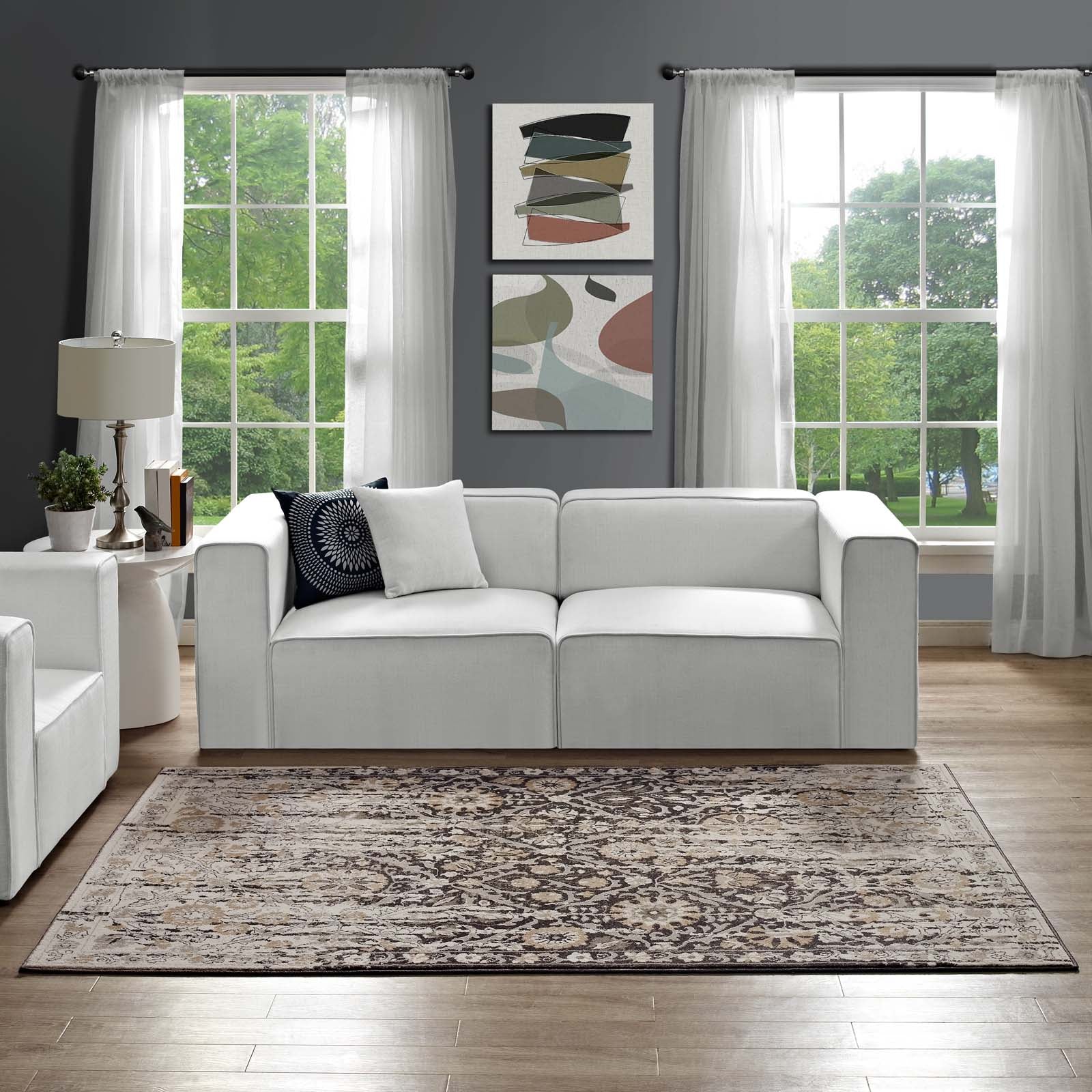 Ganesa Distressed Diamond Floral Lattice 5x8 Area Rug by Modway
