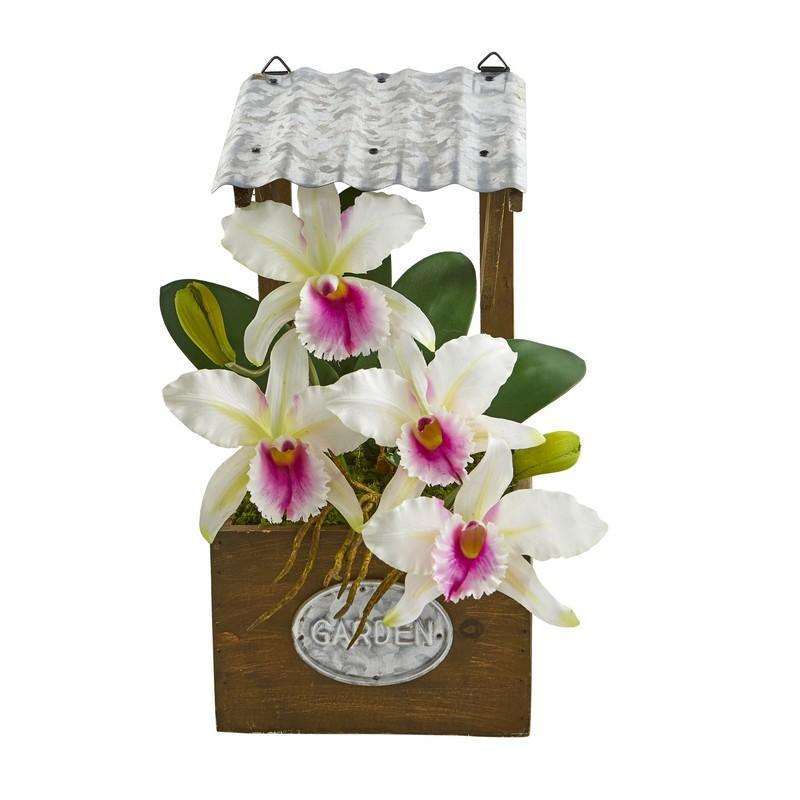 14"  Cattleya Orchid Artificial Arrangement in Tin Roof Planter
