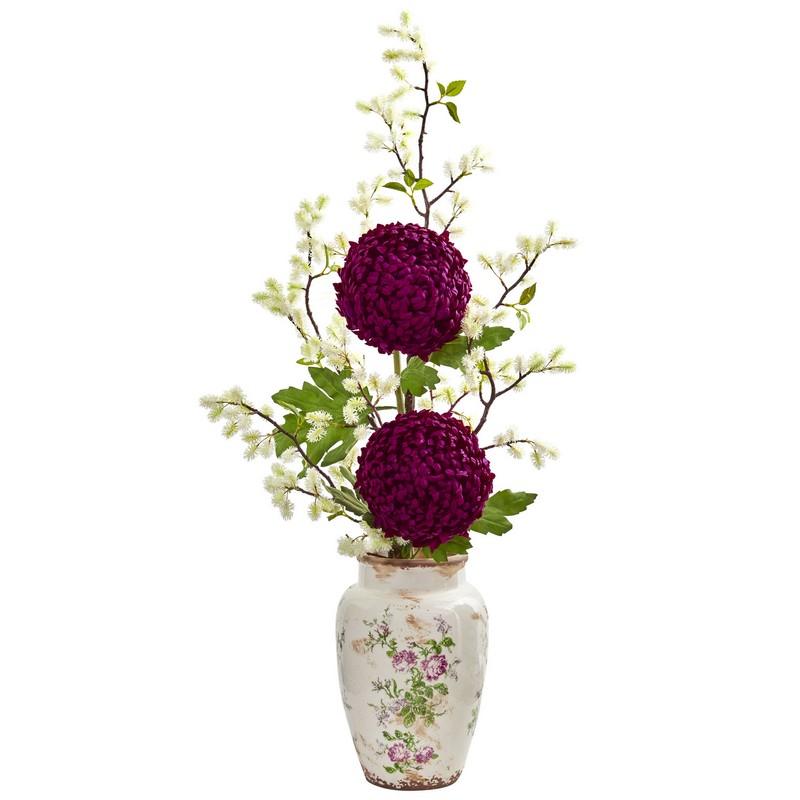 39"  Mum and Thistle Artificial Arrangement in Floral Vase