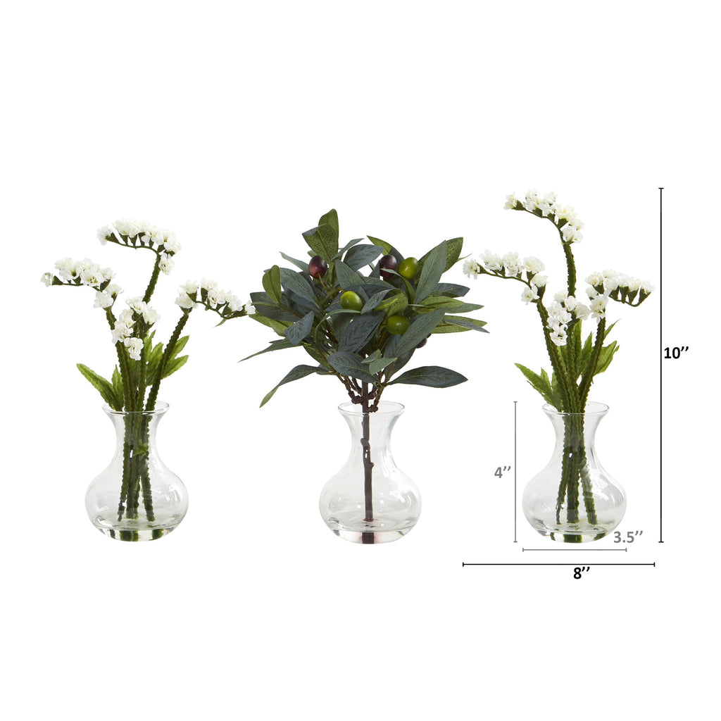 10" Baby Breath and Olive Artificial Arrangement in Vase (Set of 3)