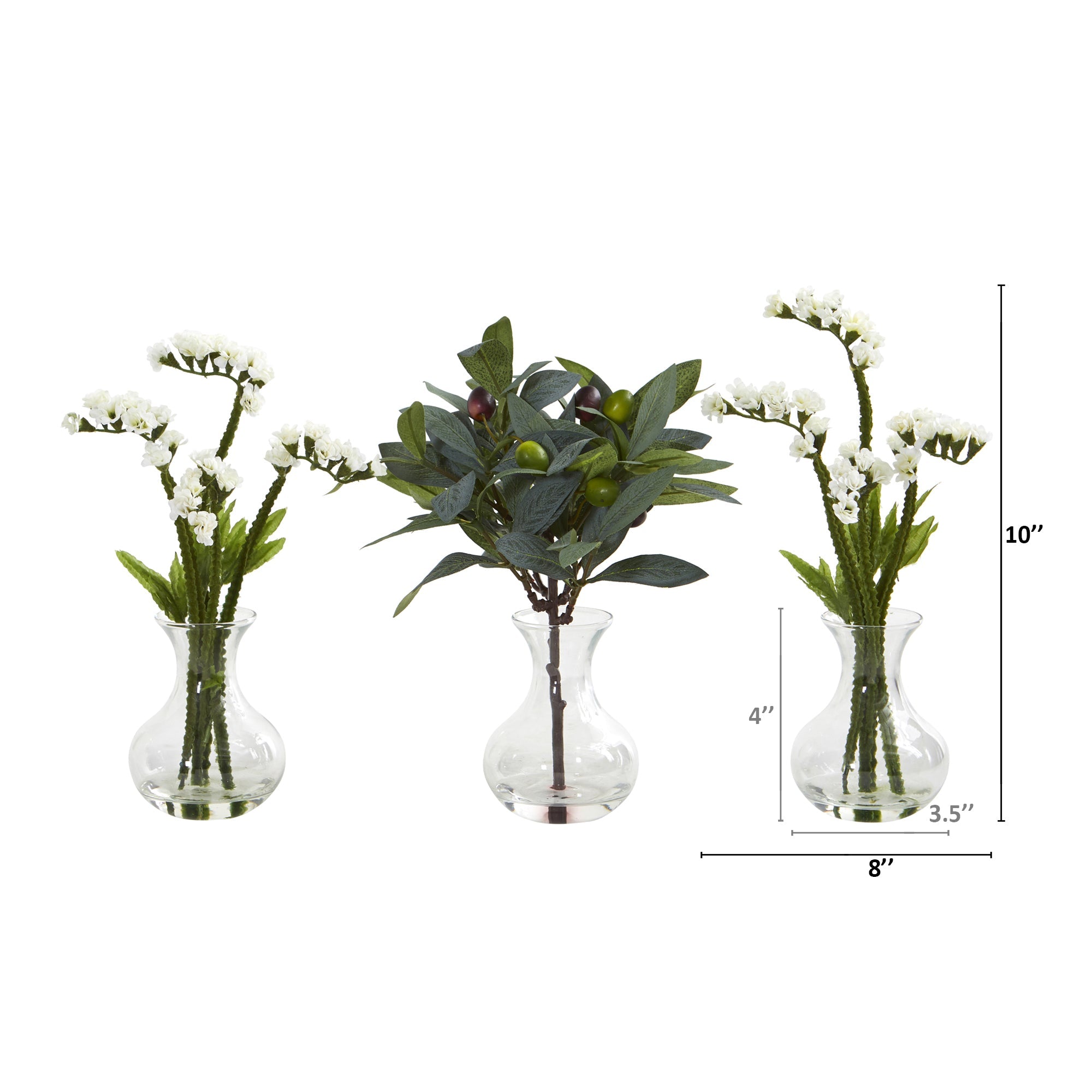 10" Baby Breath and Olive Artificial Arrangement in Vase (Set of 3)