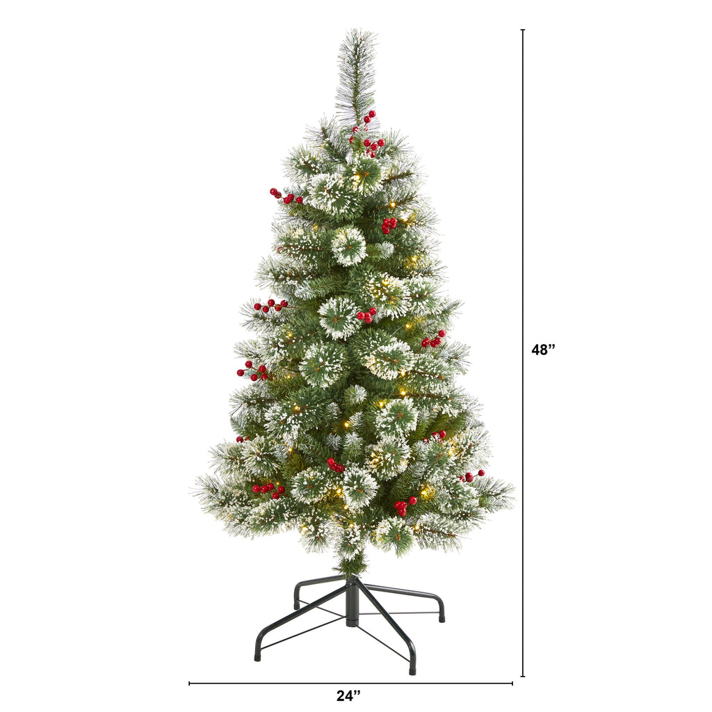 4' Frosted Swiss Pine Artificial Christmas Tree w/ 100 Clear LED Lights & Berrie