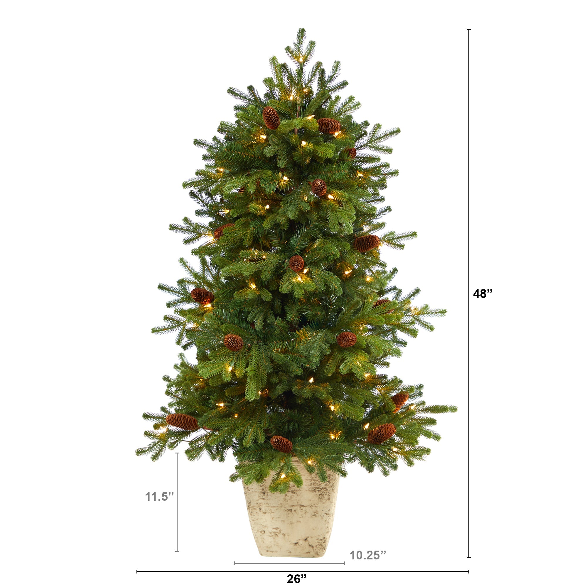 4' Yukon Mountain Fir Artificial Christmas Tree w/ 100 Clear Lights, Pine Cones