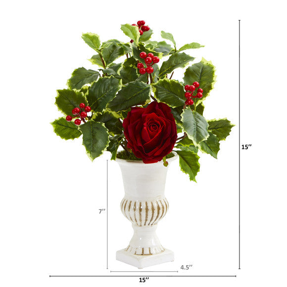 15" Rose and Holly Leaf Artificial Arrangement in White Urn (Set of 2)