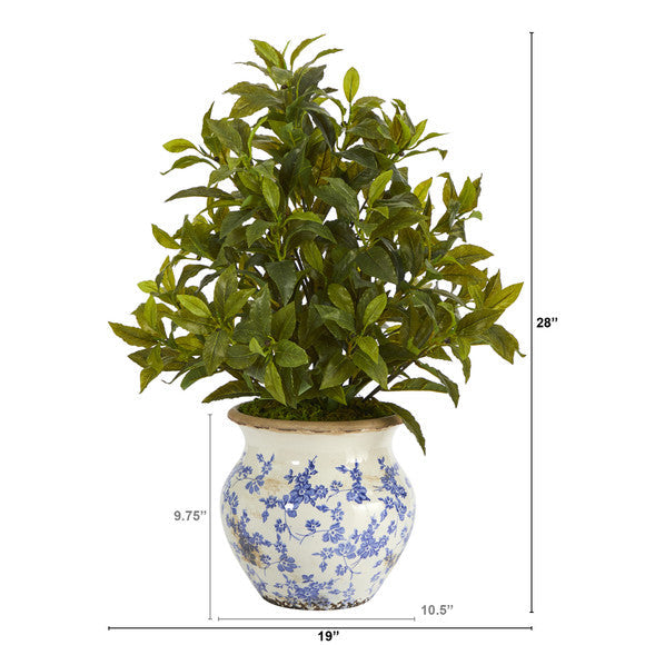 28" Coffee Leaf Artificial Plant in Vintage Floral Planter (Real Touch)