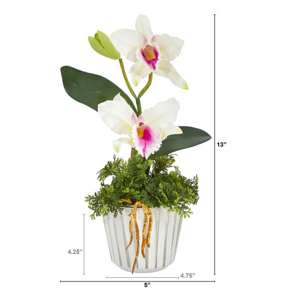 13" Mini Orchid Cattleya Artificial Arrangement in White Vase w/Silver Trimming