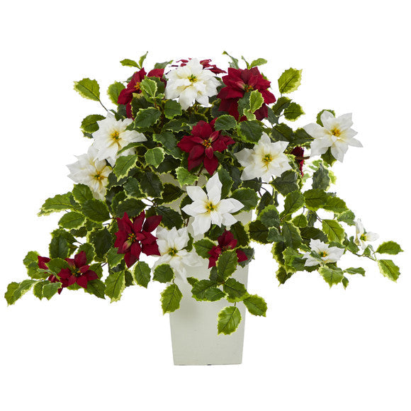 23" Poinsettia and Variegated Holly Artificial Plant in Decorative Planter