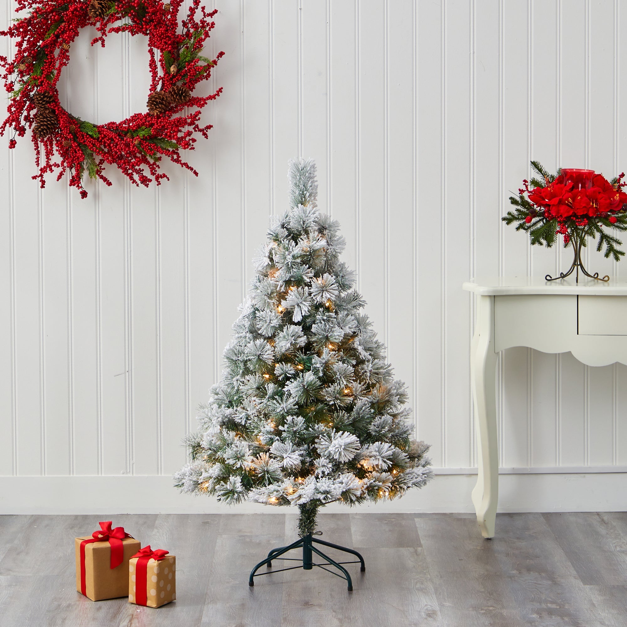 4' Flocked Oregon Pine Artificial Christmas Tree w/ 100 Clear Lights