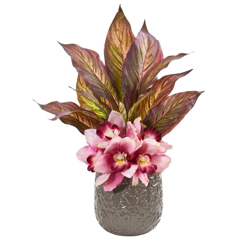 Cymbidium Orchid and Musa Leaf Artificial Arrangement
